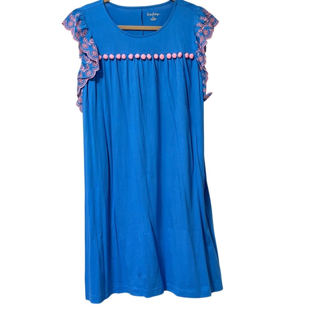Lilly Pulitzer Blue Flair Sleeveless Dress XL With Pink Embroidery & Pom Details